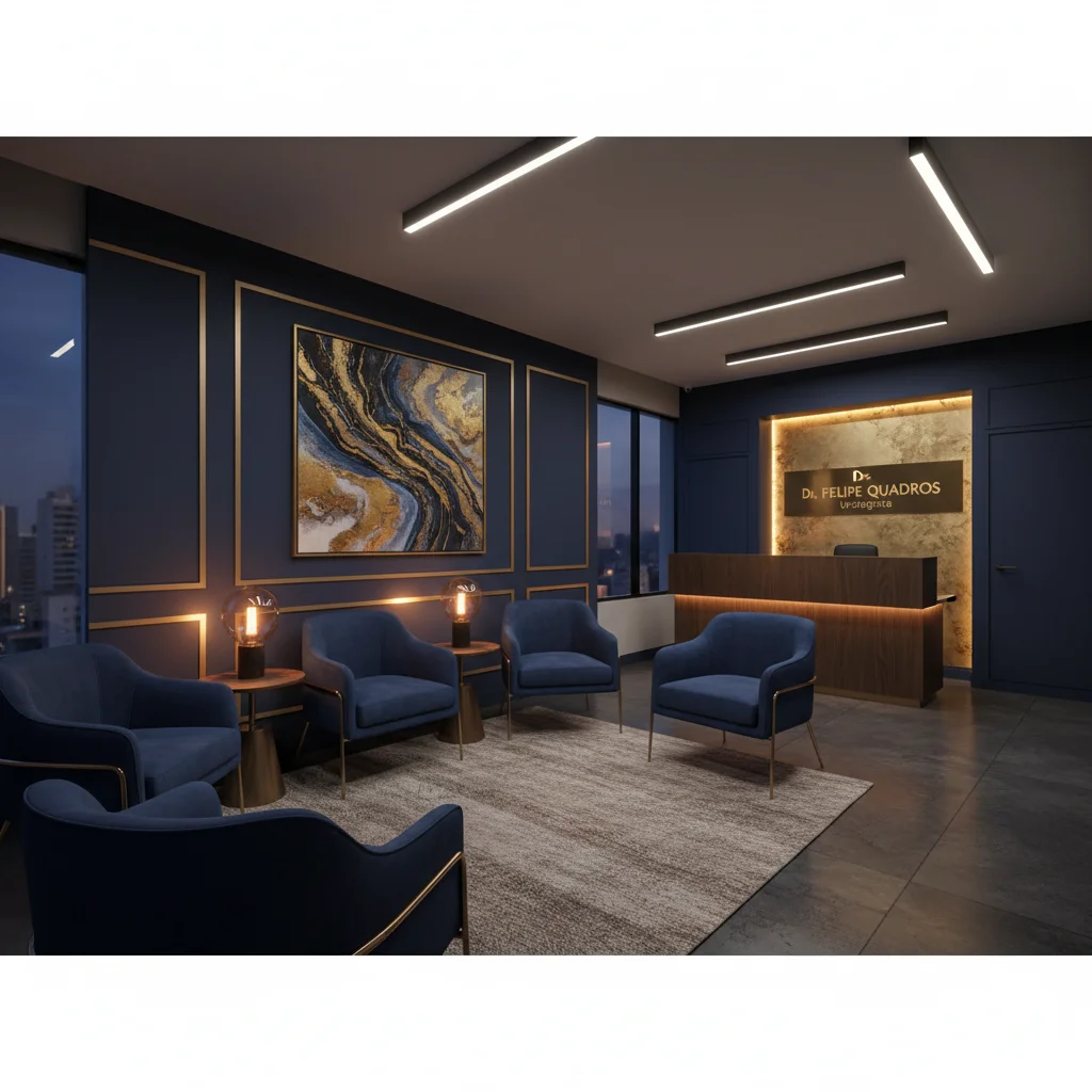 Sala de espera do consultório, um ambiente premium e acolhedor.