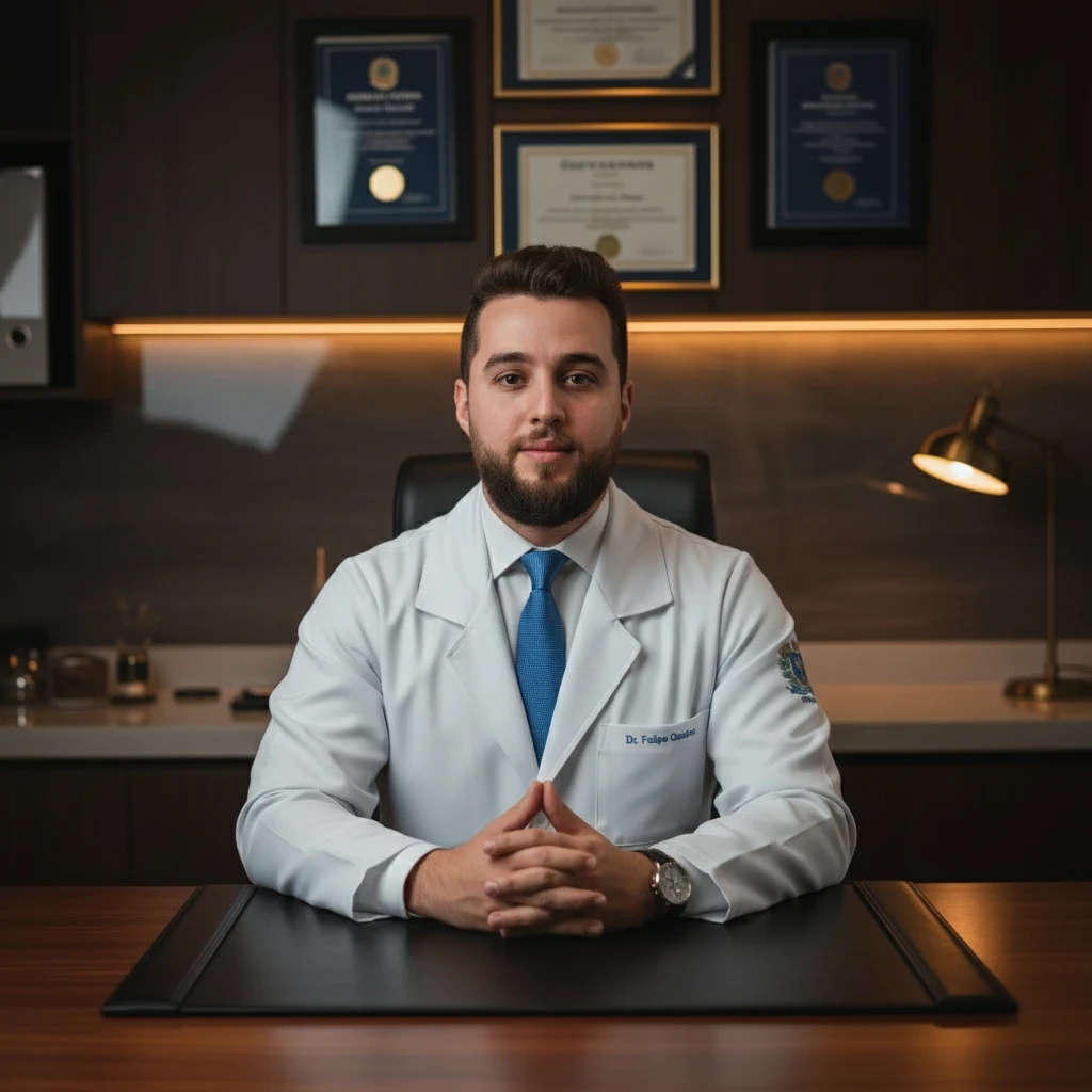 Dr. Felipe Quadros em seu consultório, demonstrando seriedade e profissionalismo.